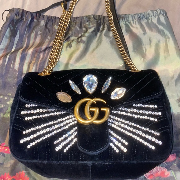 Gucci Marmont Black Velvet Crystal Embellished Shoulder Bag - Picture 2 of 5